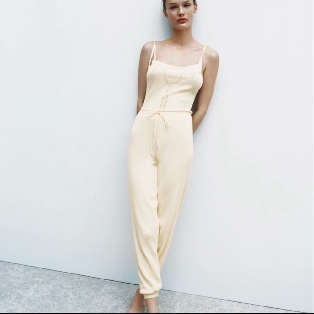 Zara Cream Jumpsuit with Tapered Leg and Minimalist Design